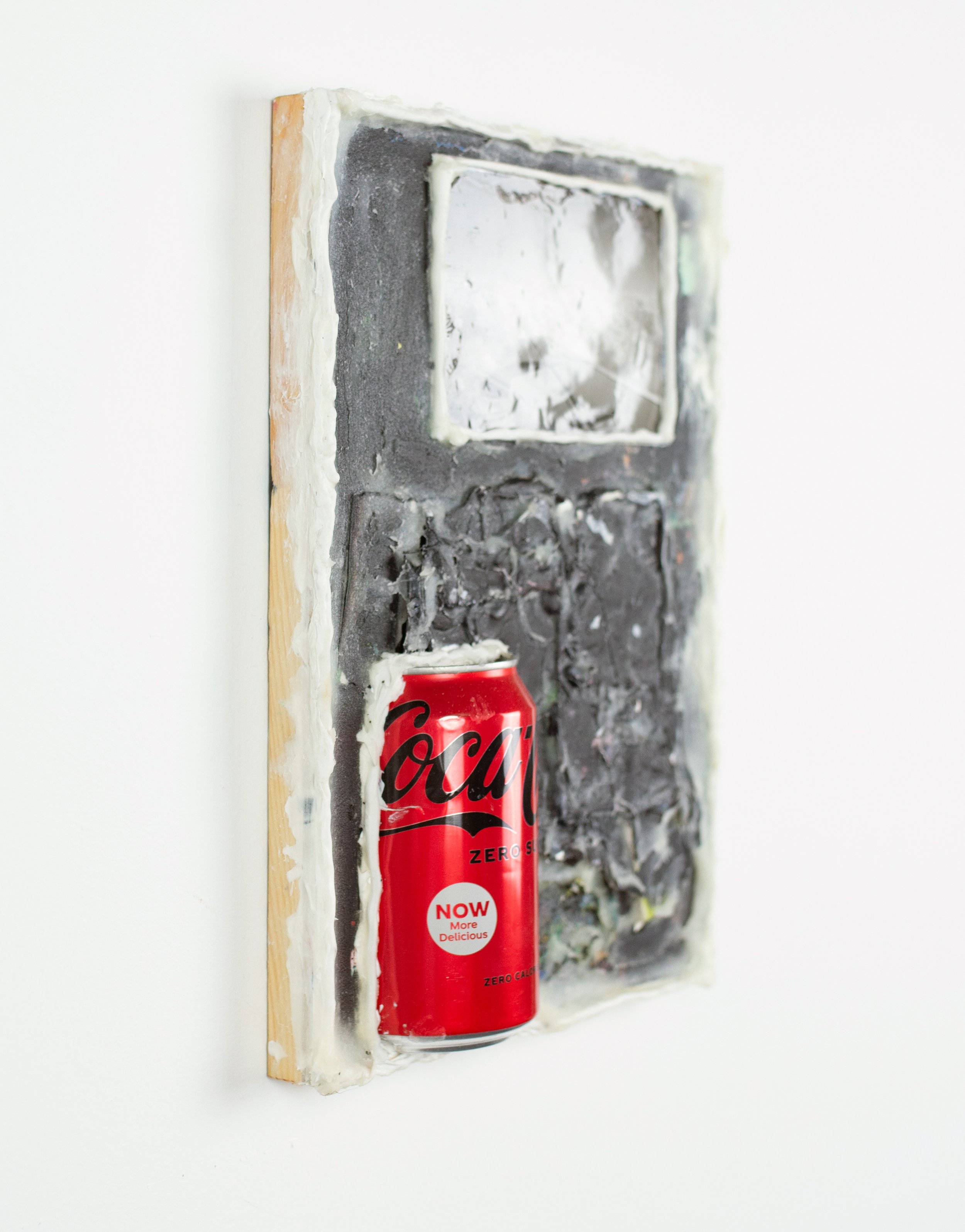  Somewhere Over The Amazon  Oil, acrylic, Sumi ink, family photograph, caulk, cold wax, Coke Zero can mounted on panel    12 x 9 in.  