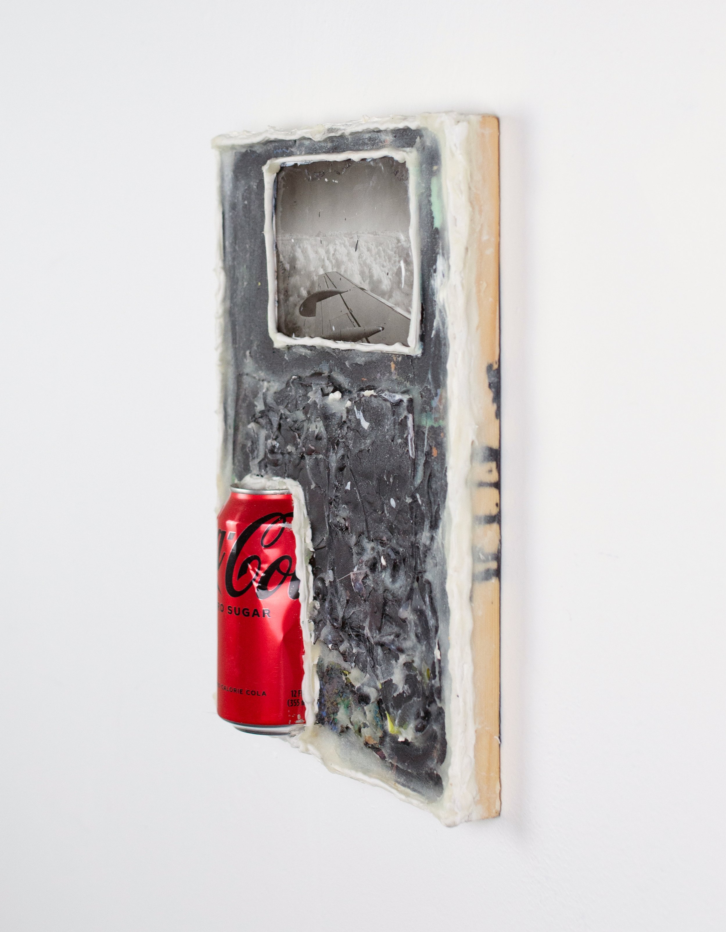  Somewhere Over The Amazon  Oil, acrylic, Sumi ink, family photograph, caulk, cold wax, Coke Zero can mounted on panel   12 x 9 in.  