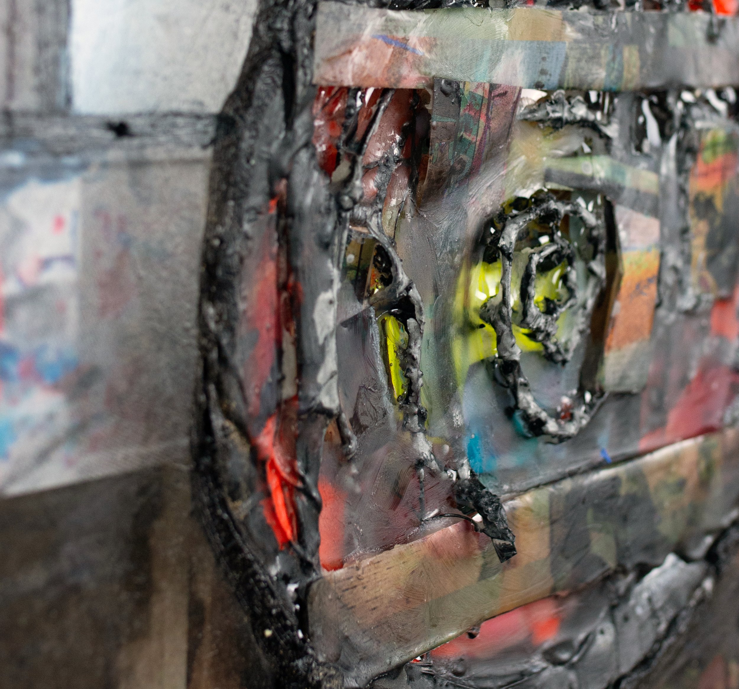    Time Be Patient    *detail  Oil, acrylic, photographs, wire, epoxy, on collages panels   18 x 14 in. 