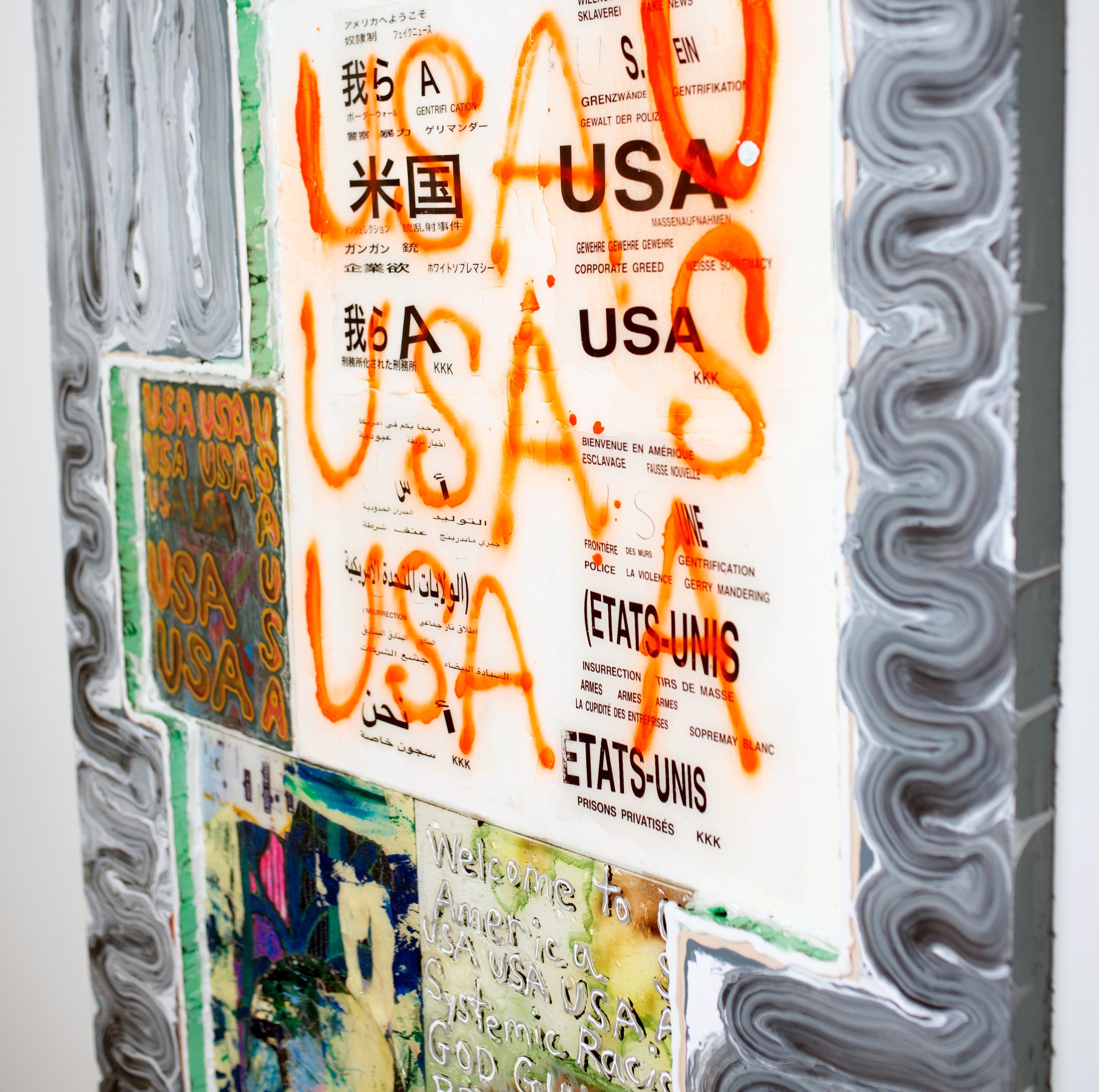    USA USA USA     Oil, acrylic, digital collage, spray paint, airbrush, caulk, rigid wrap, panels embedded in extruded polystyrene    48 x 40 in. 