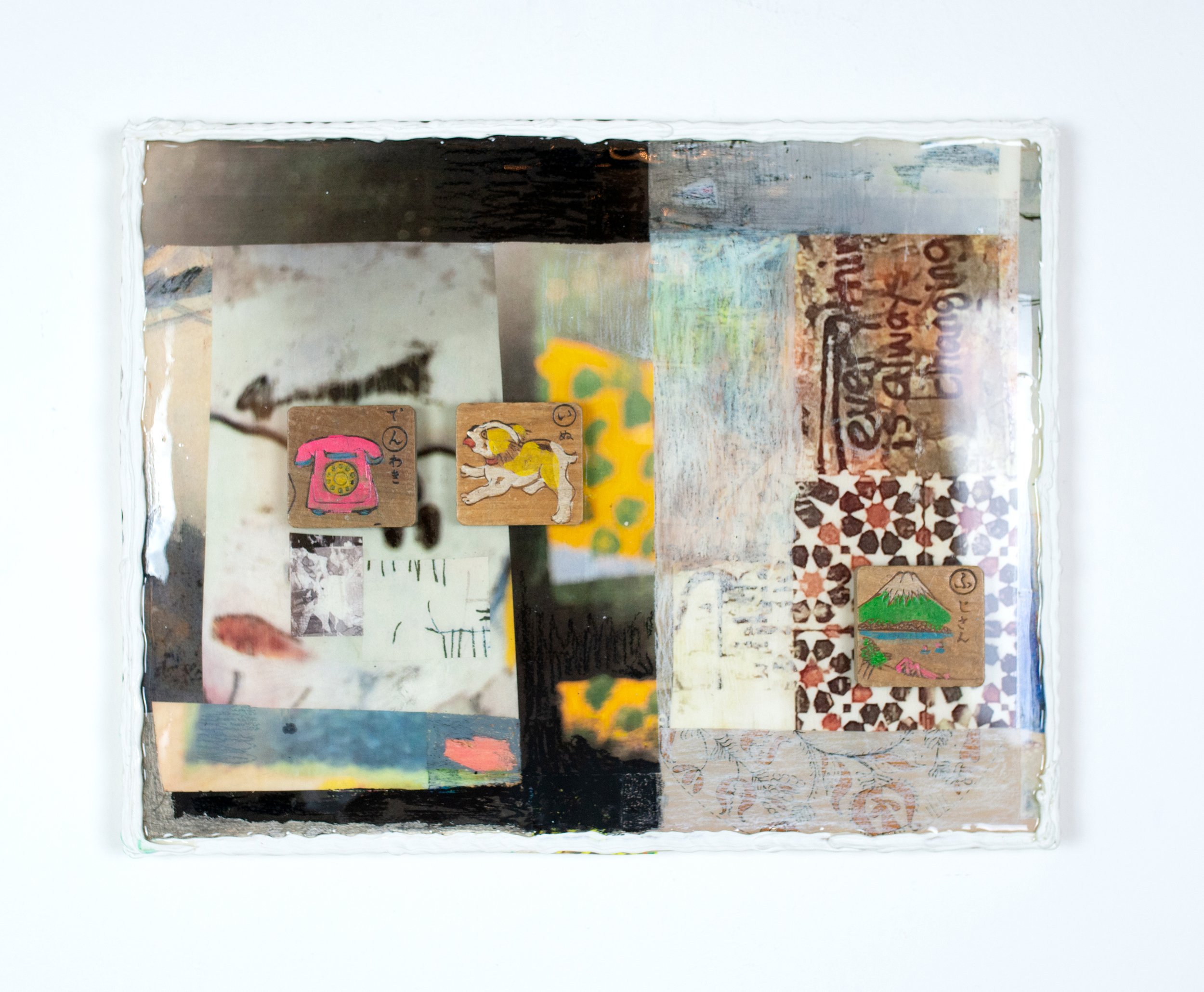    Fuji San    Acrylic, paper collage, pastel, pencil, children’s blocks, caulk on panel   14 x 18 in. 