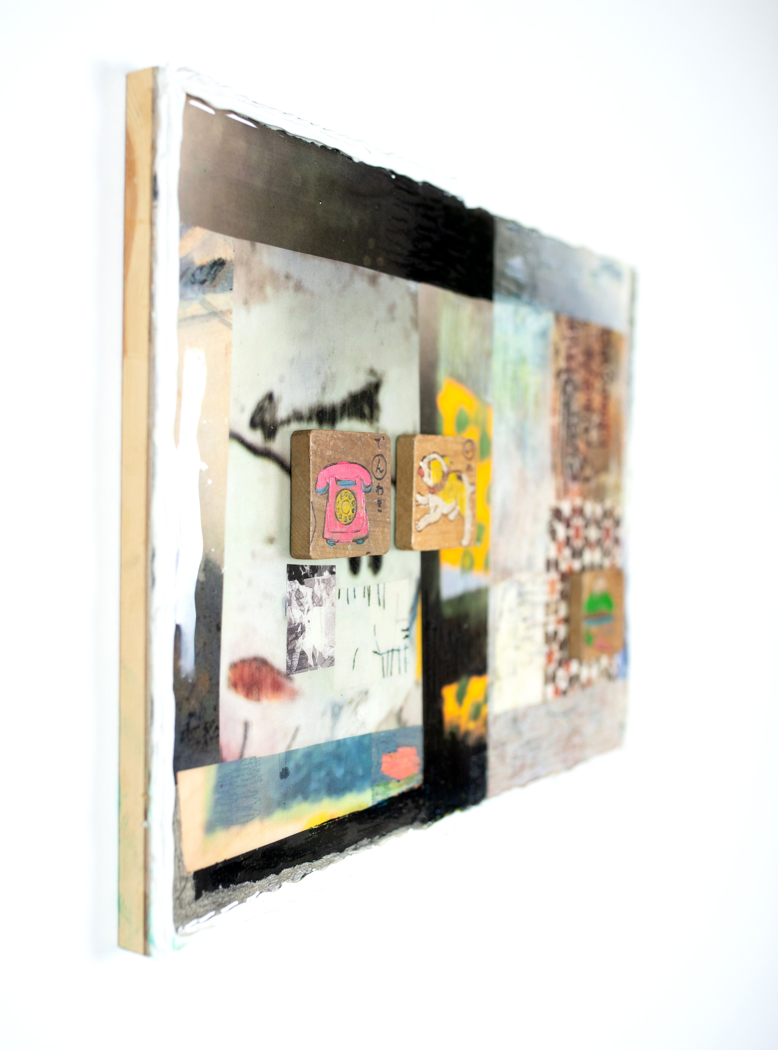    Fuji San    Acrylic, paper collage, pastel, pencil, children’s blocks, caulk on panel   14 x 18 in. 