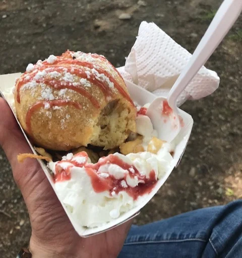 Crazy inside out deep fried strawberry shortcake cupcake.