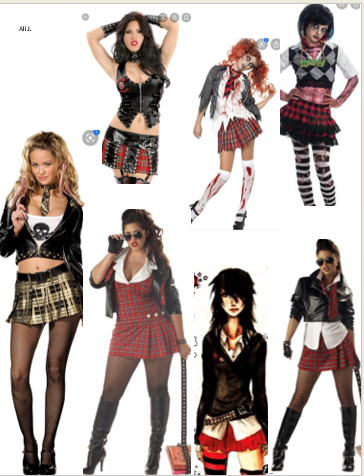 Collection of eight women dressed in punk or rebellious fashion styles, with various hairstyles, makeup, and accessories.