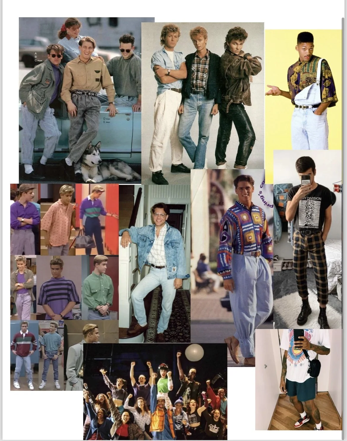 Collage of 1990s teenage boys and young men in casual and fashion-forward outfits, some posing, some acting naturally, with group dance and performance scene at the bottom.