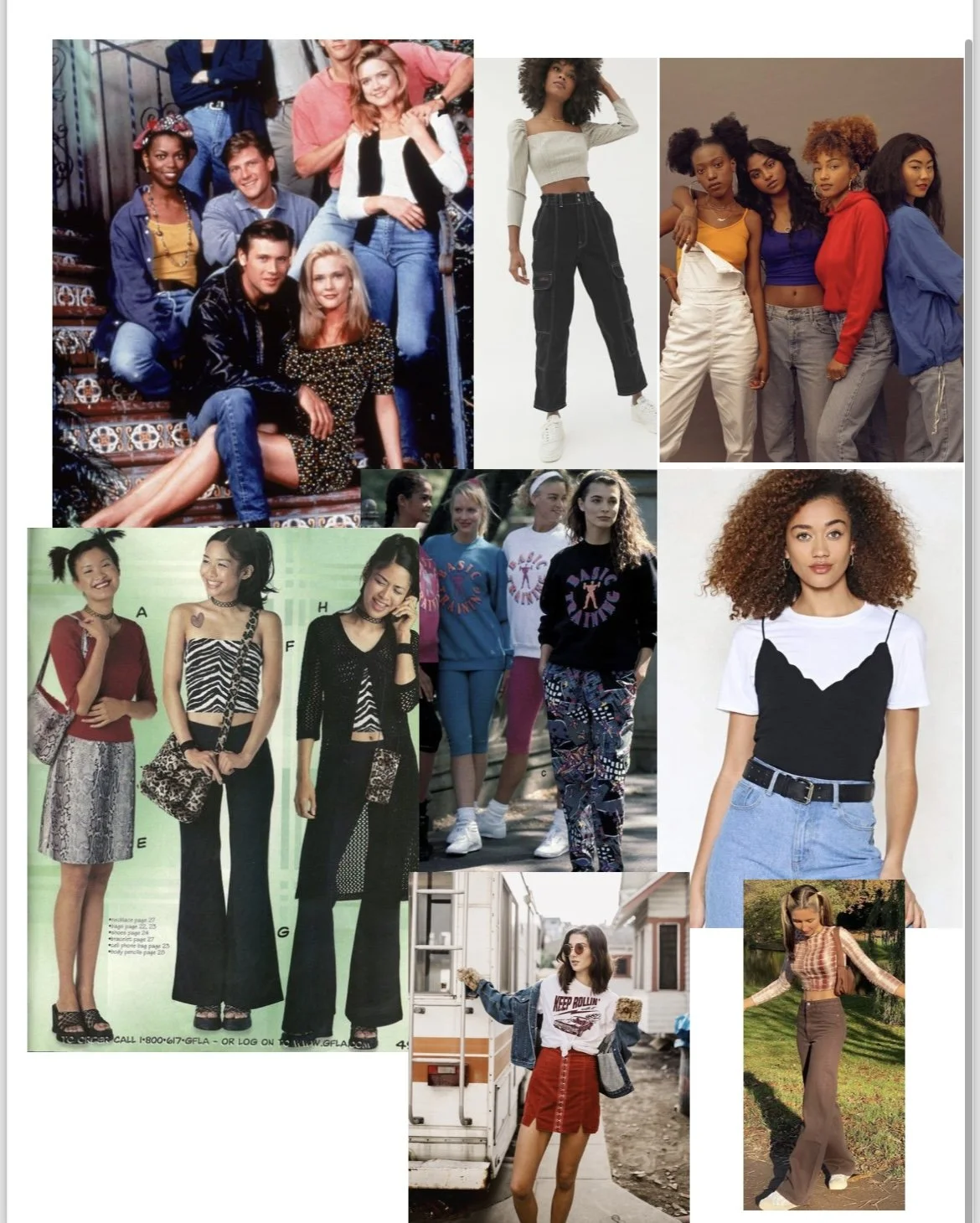 Collage of girls and women in various casual and fashionable outfits, including jeans, skirts, and tops, posing in different settings.
