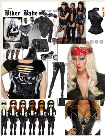 Collage of women and clothing items with a biker chick theme, featuring leather jackets, bandanas, and dark fashion styles.
