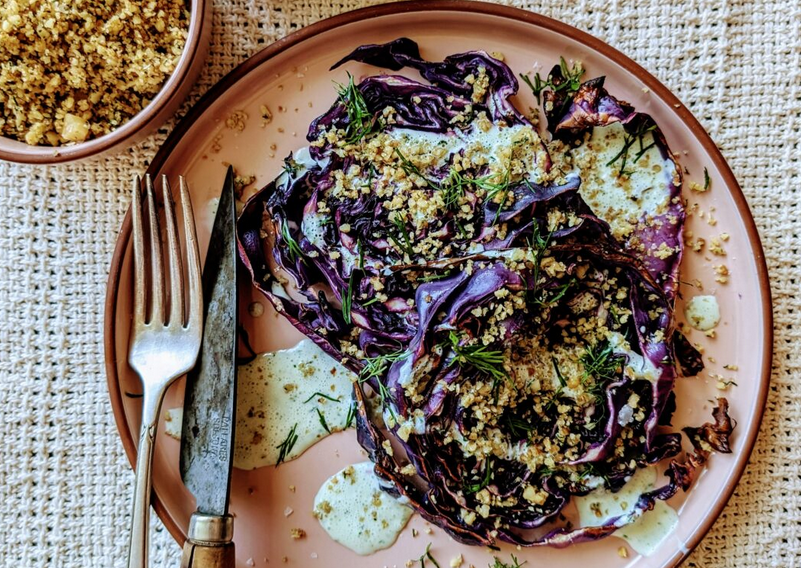 Grilled Cabbage with Buttermilk-Dill Sauce &amp; Walnut Parmesan Crumble