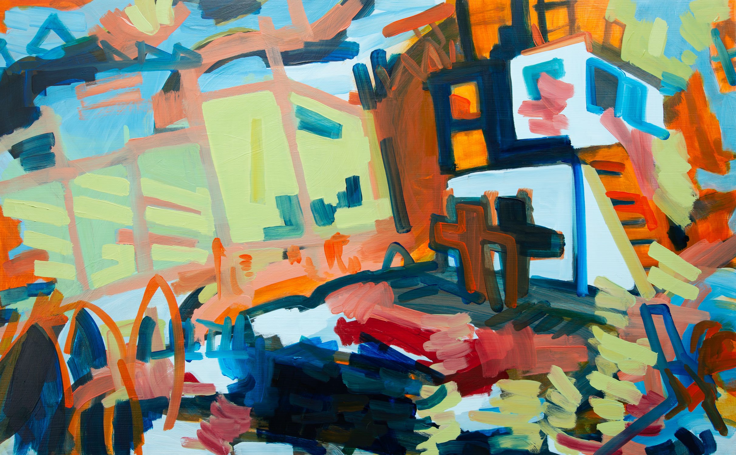 An abstract painting with bold strokes of blue, orange, yellow, and black depicting a cityscape with buildings and bridges.