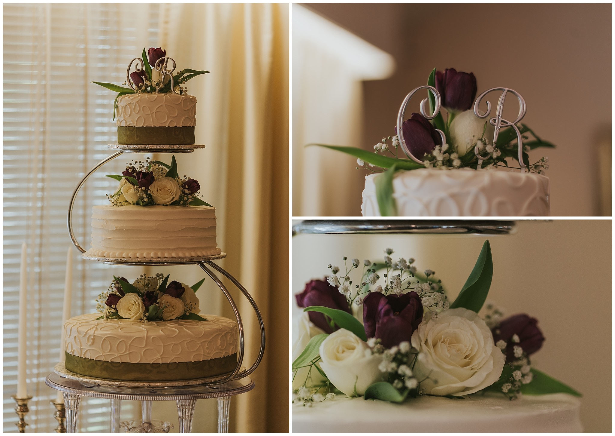 three tier wedding cake with detail shots