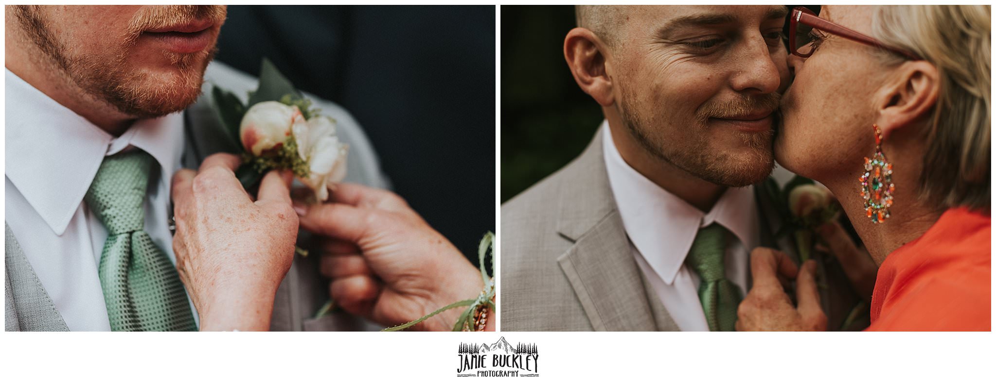 groom having boutineere placed by mom