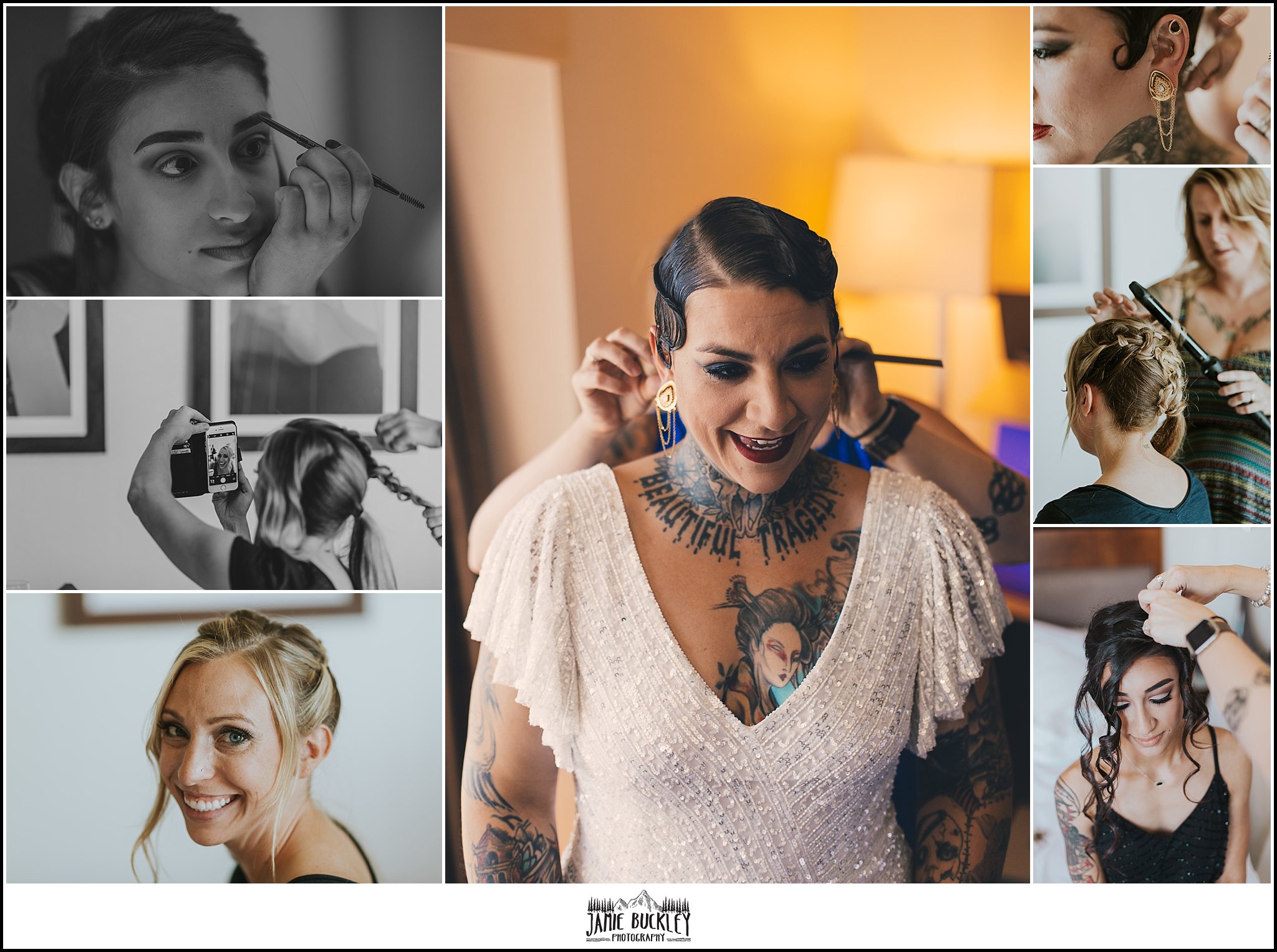 bride getting into her wedding dress