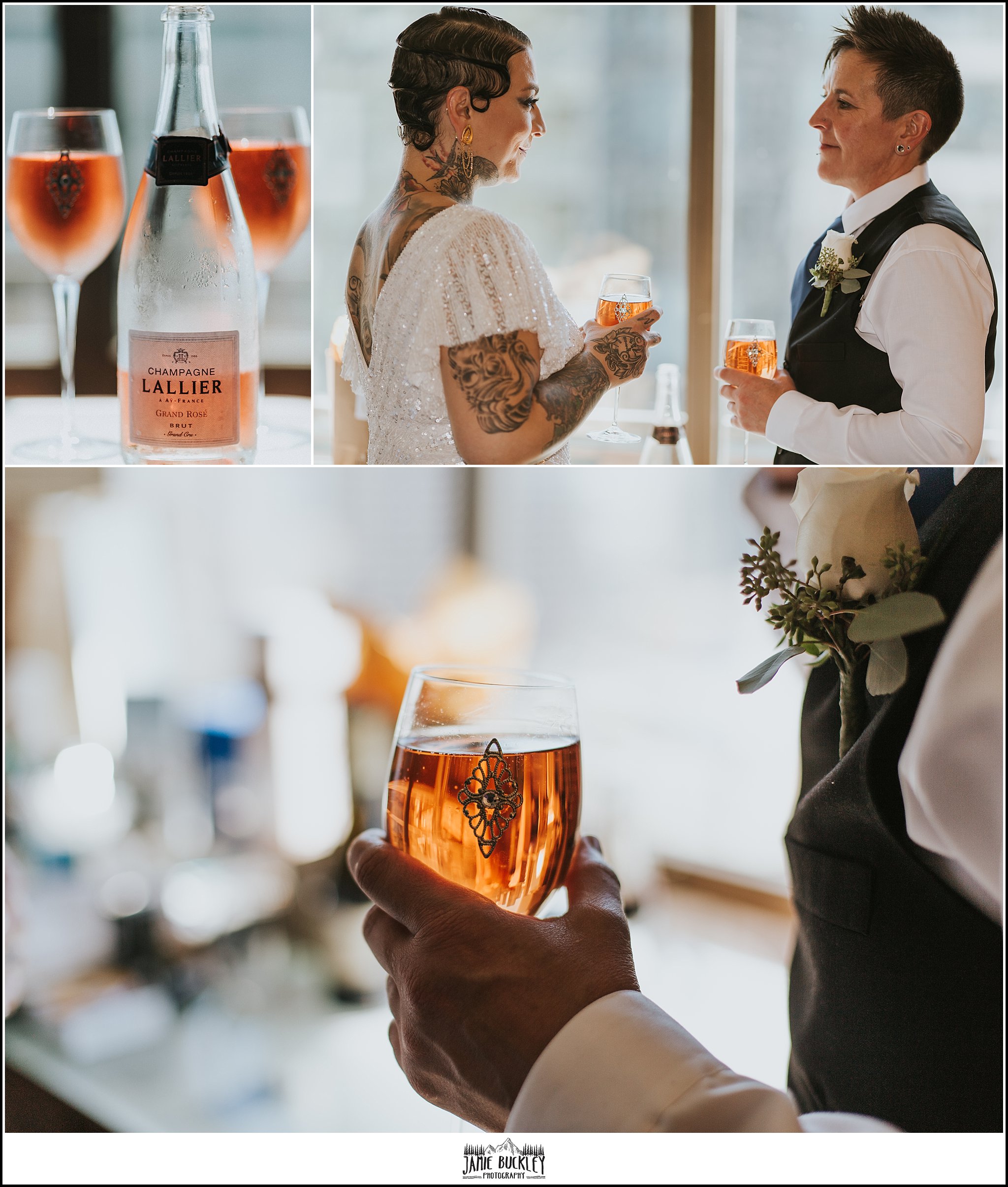 the brides sharing a glass of champagne