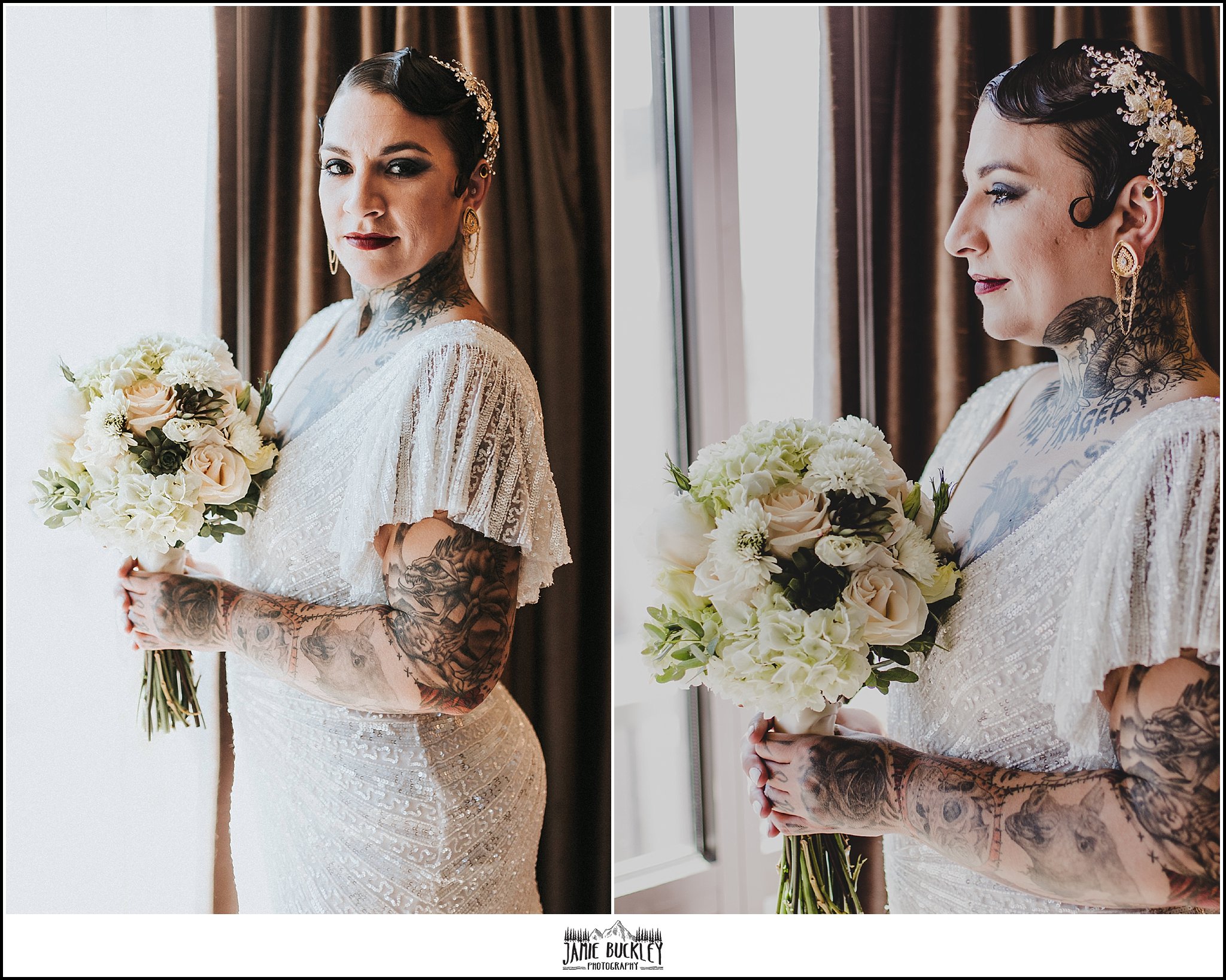 the bride in her wedding dress with flowers