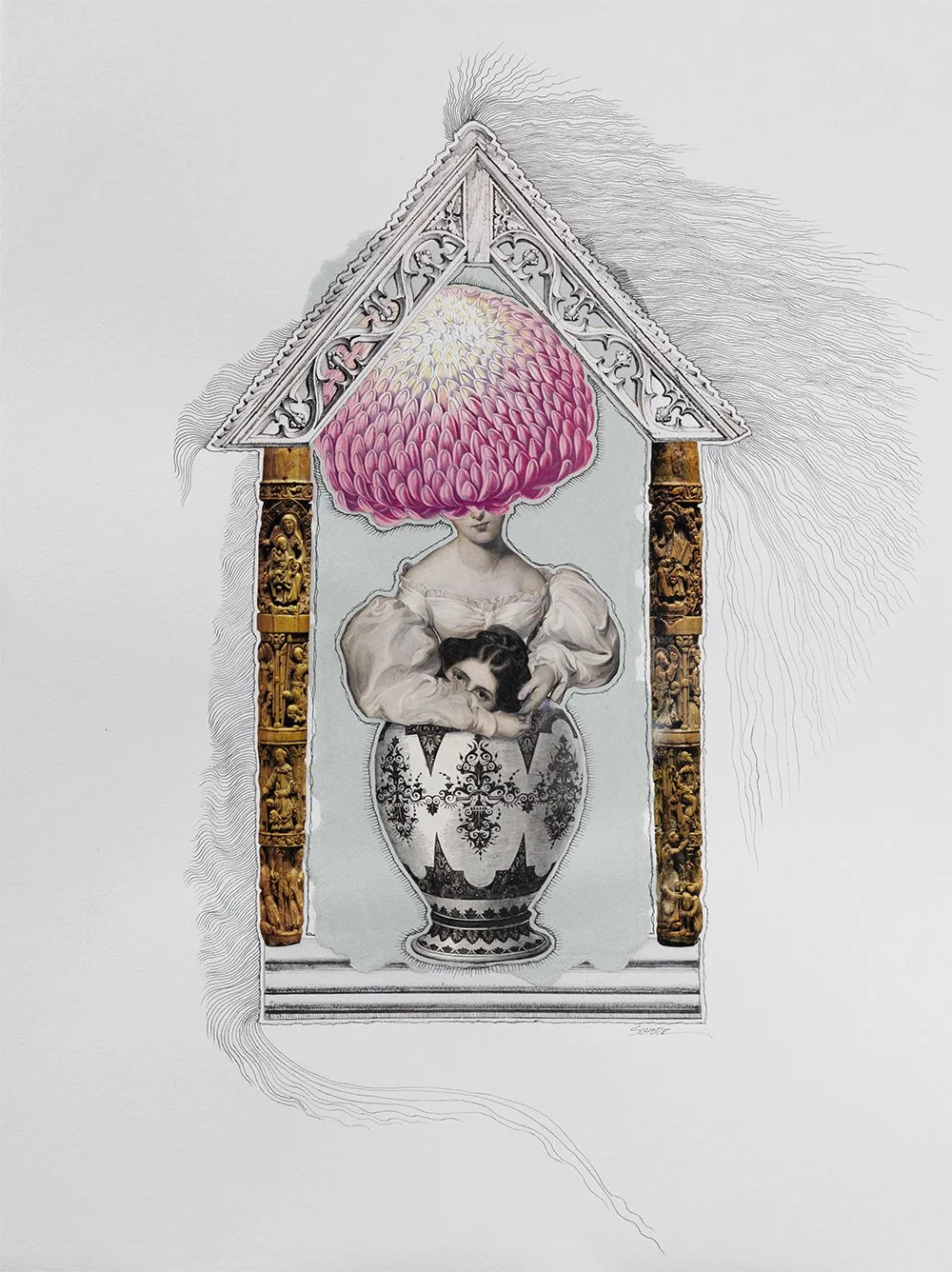 Reliquary 1 is a mixed media collage of a flower headed woman by North Carolina artist Natalie Schorr.