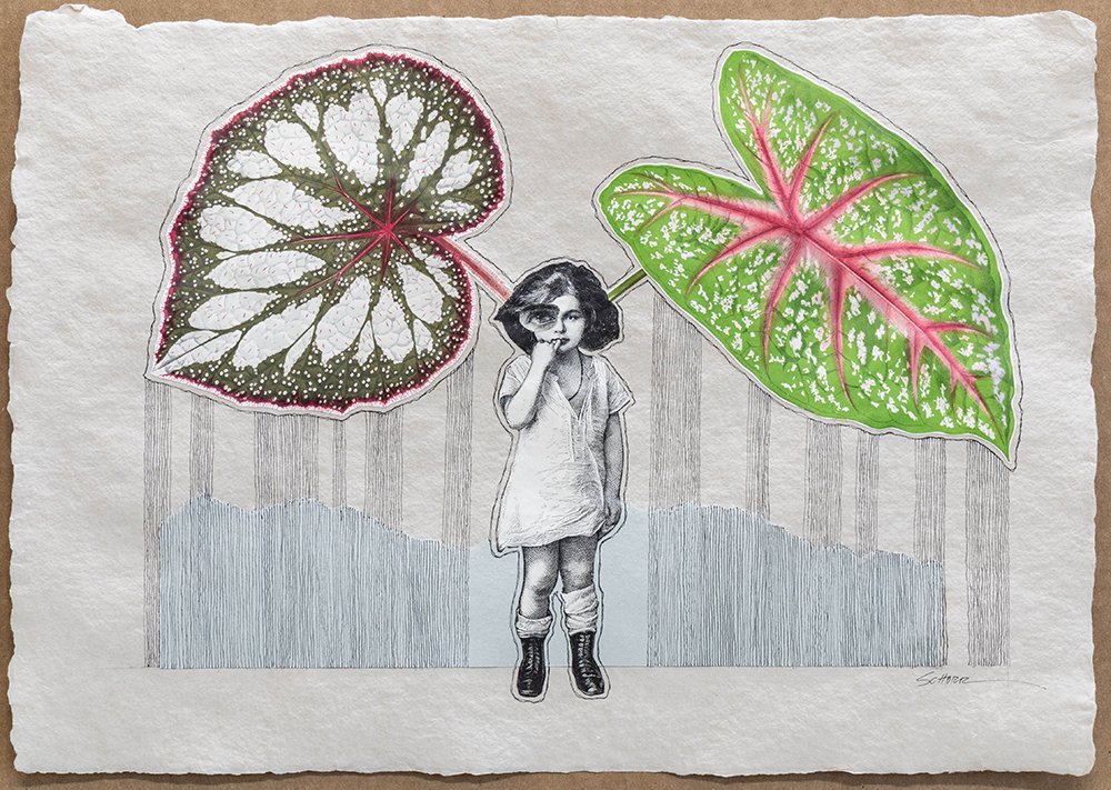 Even the Leaves Refuse to Share Their Shade is a mixed media collage by North Carolina artist Natalie Schorr.