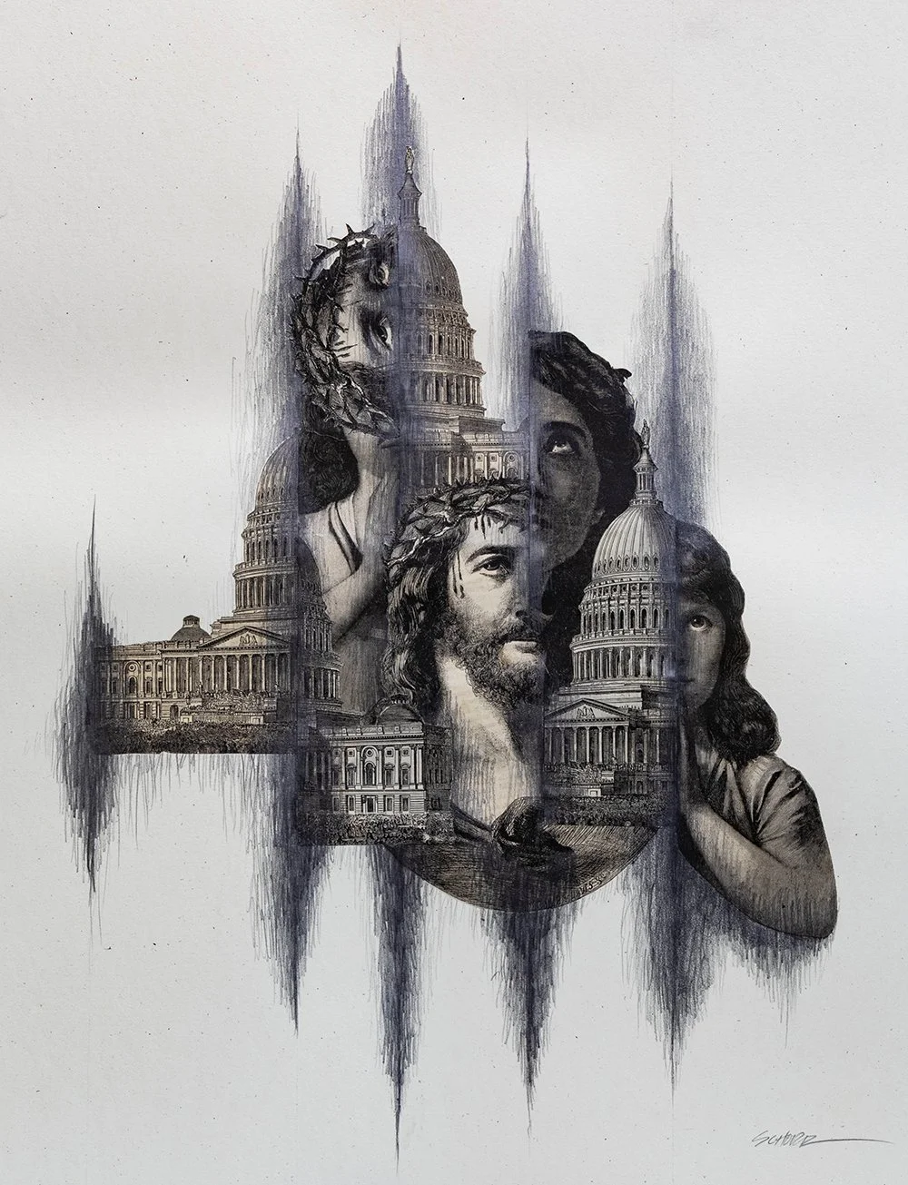 Blurred Lines is a drawing / collage on the subject of the separation of church and state by North Carolina artist Natalie Schorr.