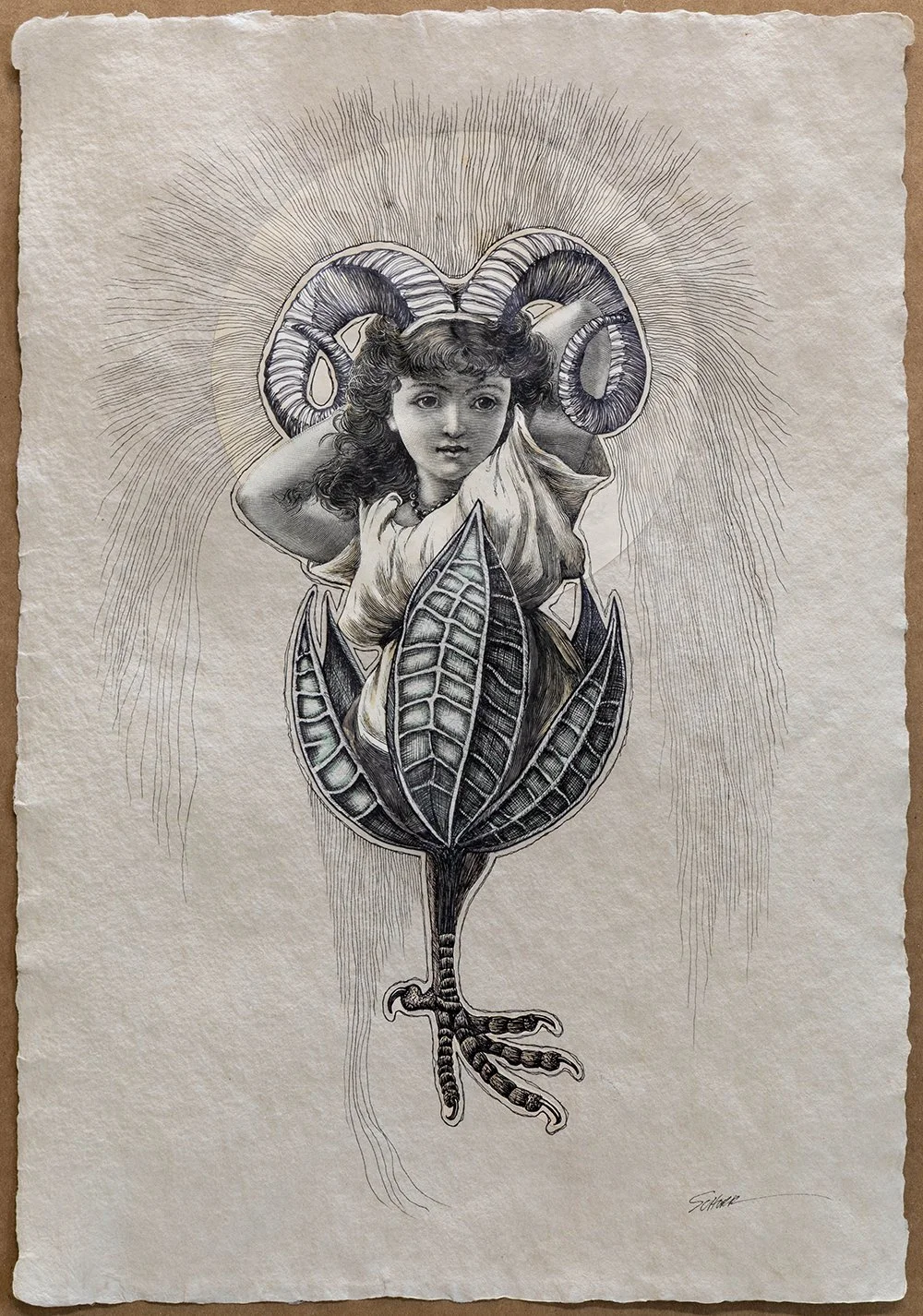 Born Again is a surrealist collage of a horned girl emerging from a seed pod by North Carolina artist Natalie Schorr.