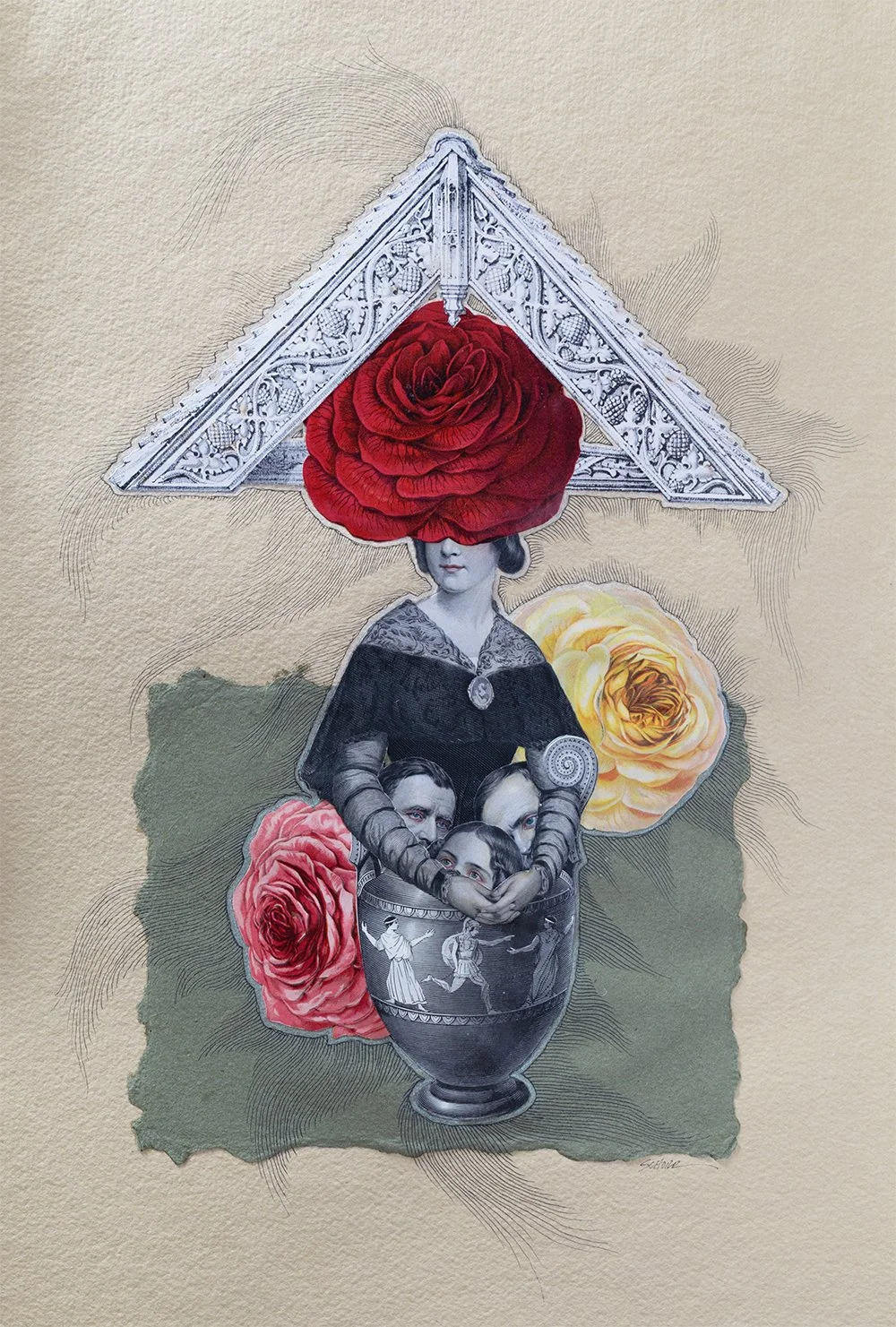 Reliquary 7 is a mixed media analog collage by North Carolina artist Natalie Schorr.