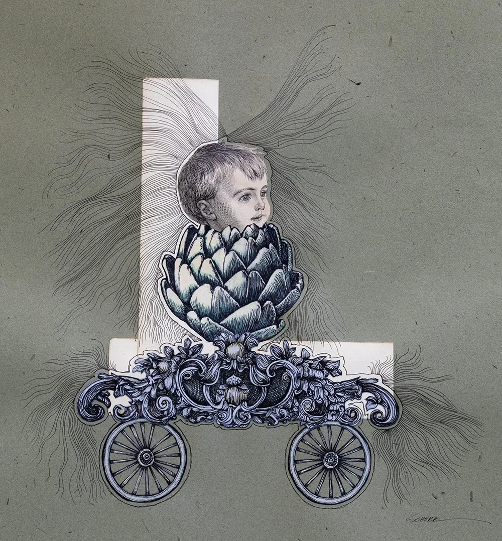 Cocoon is a mixed media analog collage and drawing of a child's head emerging from an artichoke by North Carolina artist Natalie Schorr.