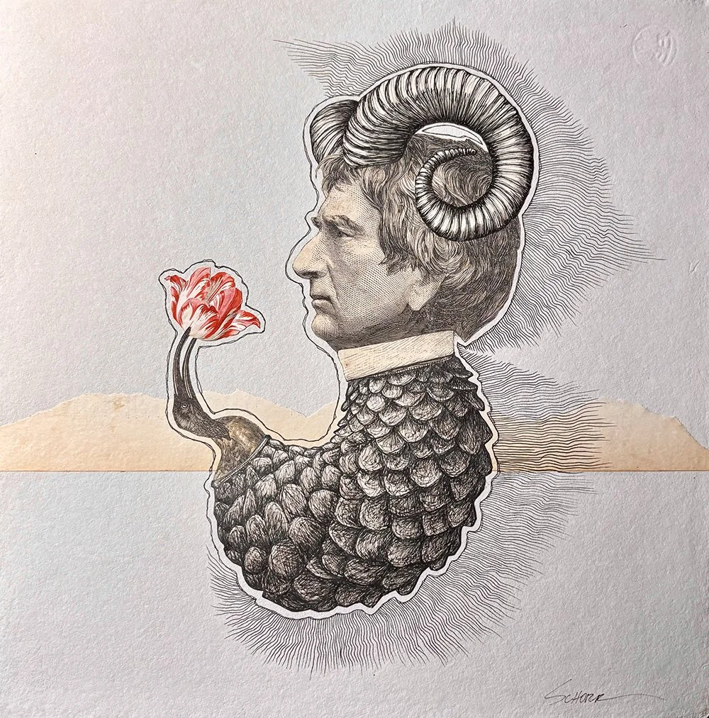 Image of a horned man looking past a beautiful flower being presented by a small bird, by NC artist Natalie Schorr.