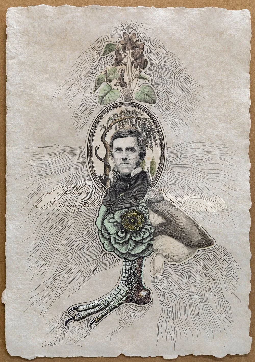 Framed is a mixed media analog collage of drawing and vintage engravings by North Carolina artist Natalie Schorr.