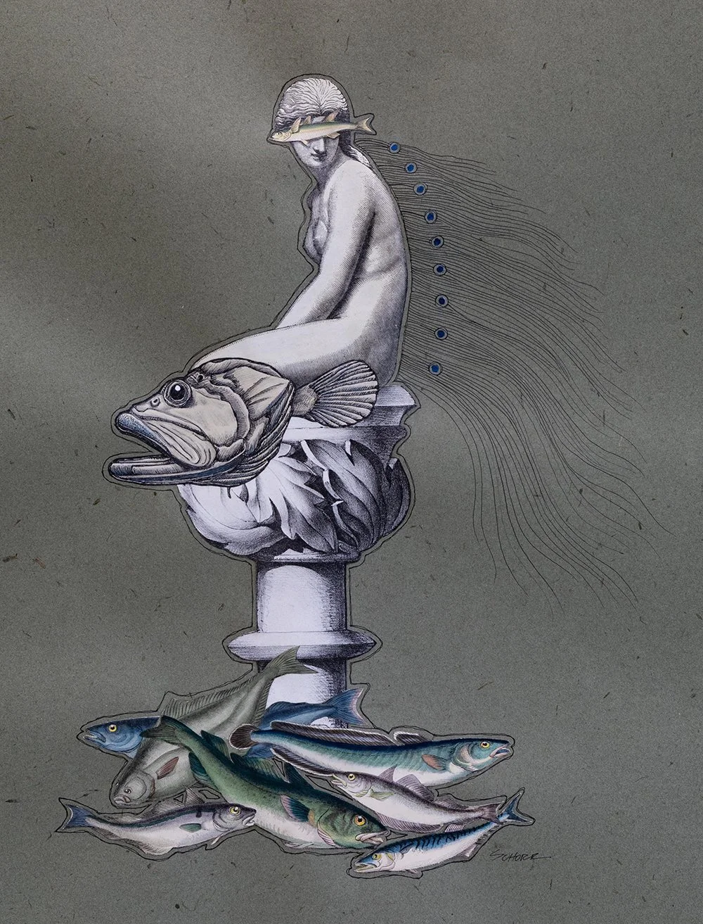 Mermaid en Repos is a mixed media analog collage by North Carolina artist Natalie Schorr.