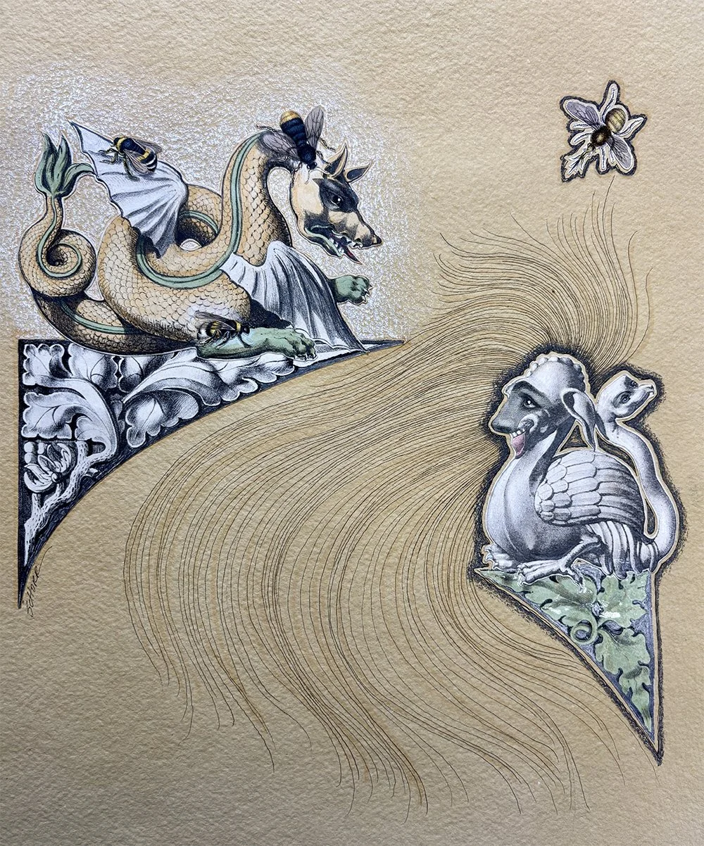 The Sting of Betrayal is a surrealist mixed media collage by NC artist Natalie Schorr