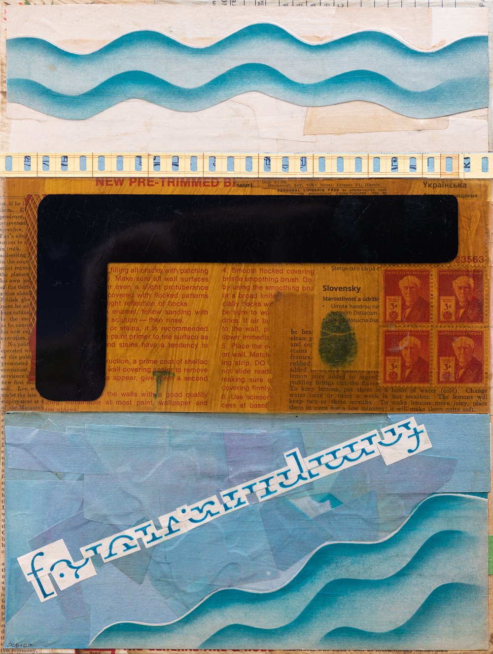 Deconstructed Typography 2 - a mixed media collage with ephemera, pen, and plastic sign lettering by NC artist Natalie Schorr