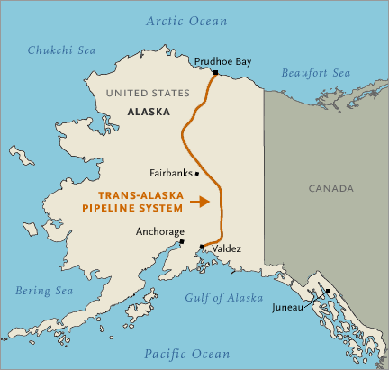 A map of the Trans-Alaska Pipeline System. It spans 800 miles in length and consists of 11 pump stations. The pipeline stretches all the way from Prudhoe Bay to Valdez. From: http://www.pbs.org/wgbh/amex/pipeline/map/ & http://alyeska-pipel…