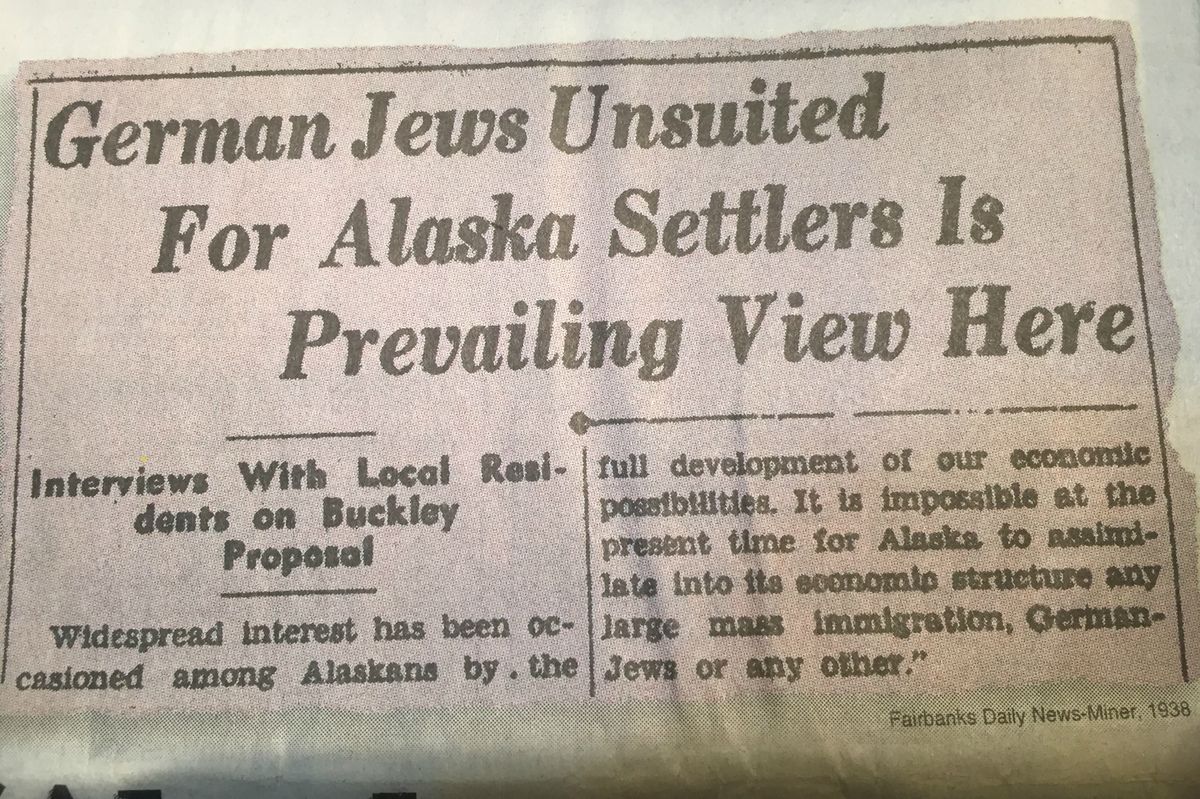 Clipping from the Fairbanks Daily News-Miner in 1938, showing widespread rejection of the Slattery Report proposing Jewish resettlement in Alaska. From: https://www.adn.com/resizer/qGDLvnMFYUP7RgYJC2Eu5KT4__8=/1200x0/wp-adn.s3-website-us-west-2.amazonaws.com/image-archive/1085021/refugees3.JPG?token=bar