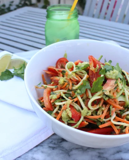 Raw Vegetable Salad with Avocado & Pistachio Dressing