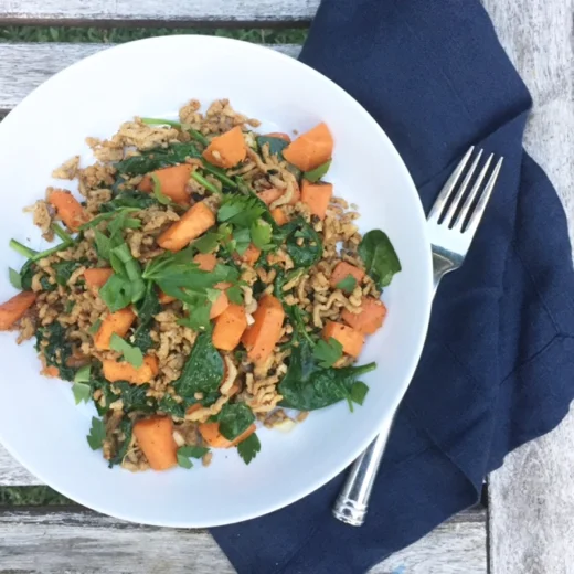 Sauteed, one-pan goodness. Ground turkey with sweet potatoes, spinach and topped with parsley. In a large sauce pan, bring one tbsp olive oil to medium heat and add one small diced onion. Cook for 2-3 minutes. Add ground turkey and brown meat. Add diced sweet potato and cook on medium-low for 15 minutes. Season with salt and pepper. Add 3 cups of spinach to the pan and let wilt. Cook for 3-4 minutes to combine flavors. Season with additional salt and pepper if needed.