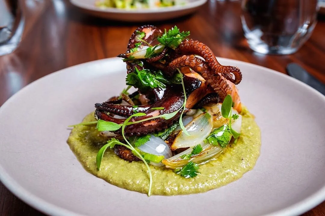Baby octopus made prettier (and even more delicious) with mole verde.