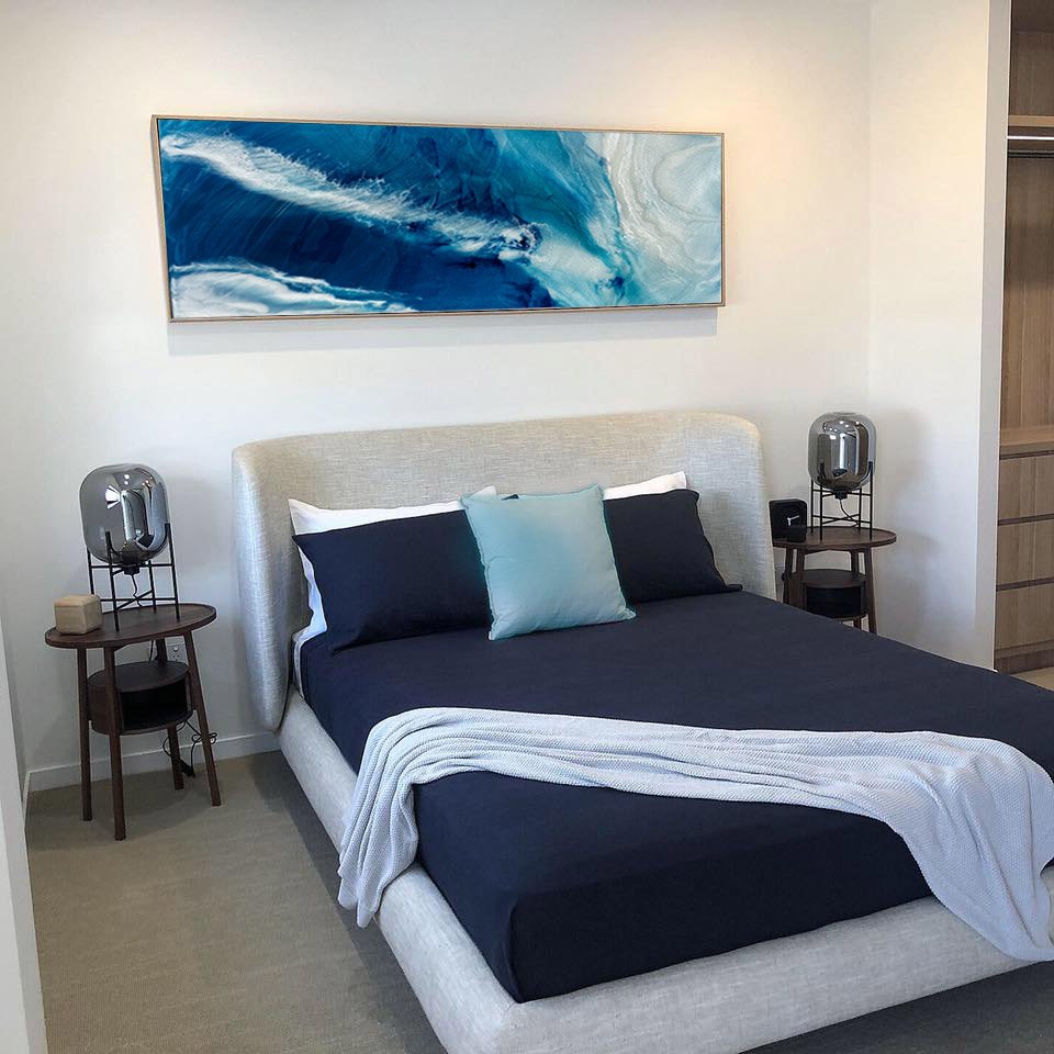 Custom Designed Artwork for Townsville Display home for luxury apartments, ocean inspired abstract with acrylics and resin by Local Townsville Artist Brenda Stone