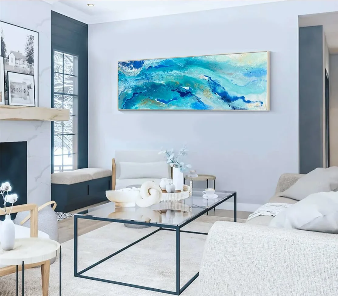 UPCLOSE with the surface of ‘Whitsunday Waters‘ 
I loved painting the ebb and flow of our iconic Whitsundays region, in sweeping layers of teals, cobalt, and seafoam white. 
163cm x 63cm, acrylics and enamels on wide canvas
#townsvilles