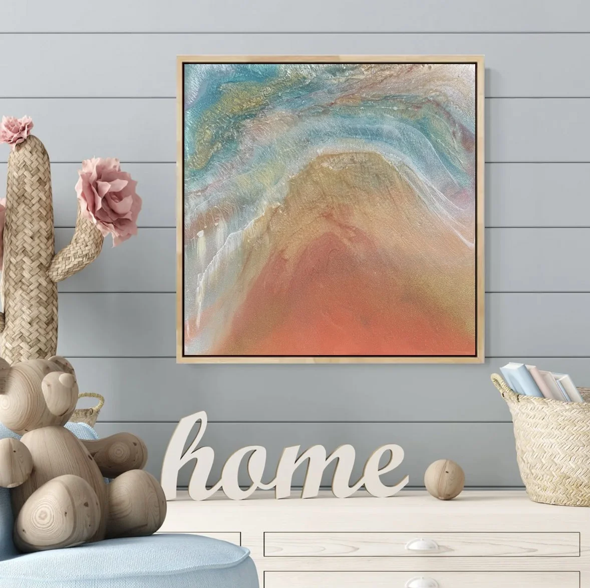 Coral Horizon Resin artwork in room framed.jpg