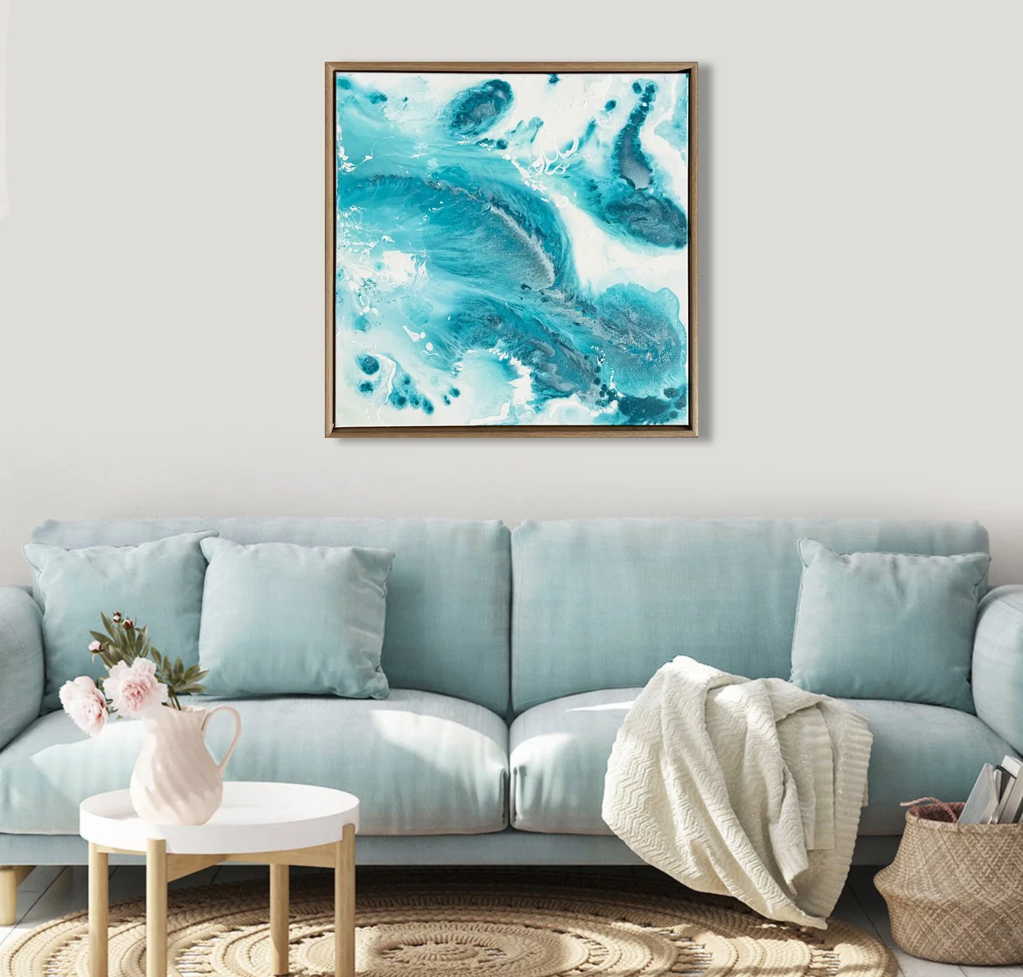 Reef Flow Abstract Framed with light blue couch.jpg