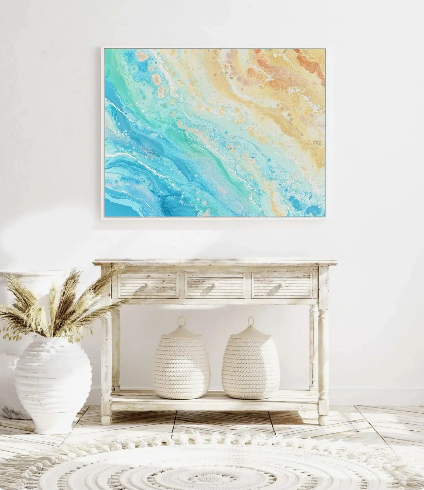 Sand+to+Sea+Acrylics+on+canvas+framed+in+living+room+above+table.jpg