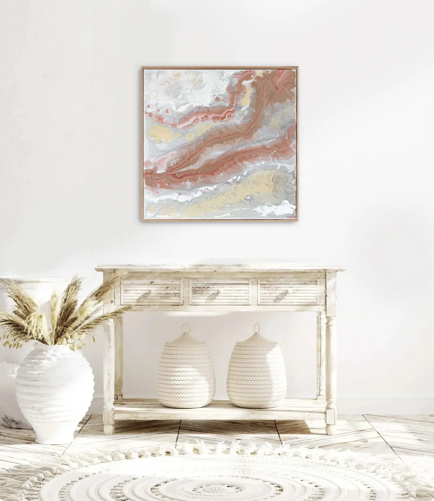 Riverbeds in Blush in nuetral coastal room framed.jpg