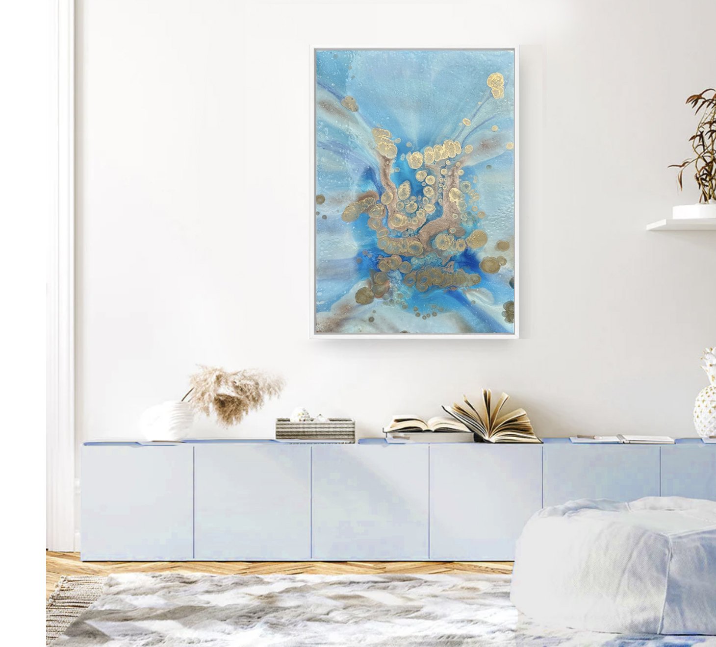 Sea Bubbles resin Artwork in room above blue bench shelf.jpg