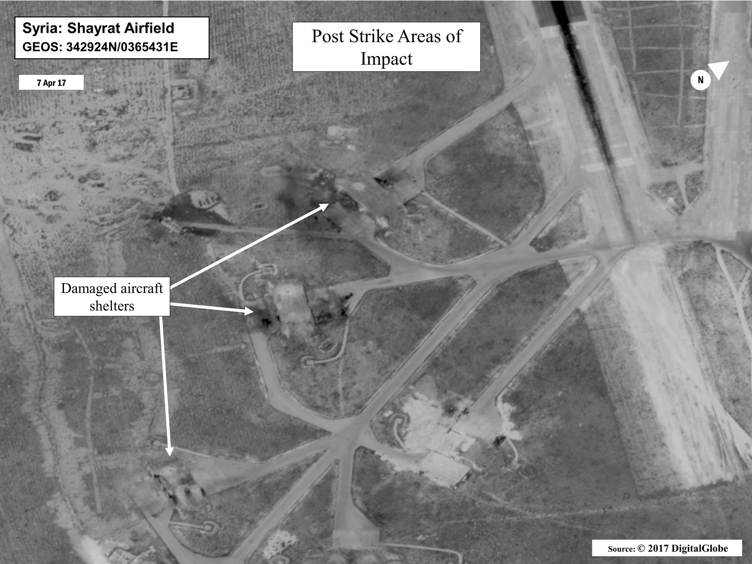 Department of Defense photos above and below show bomb damage at Shayrat Air Base in Syria.