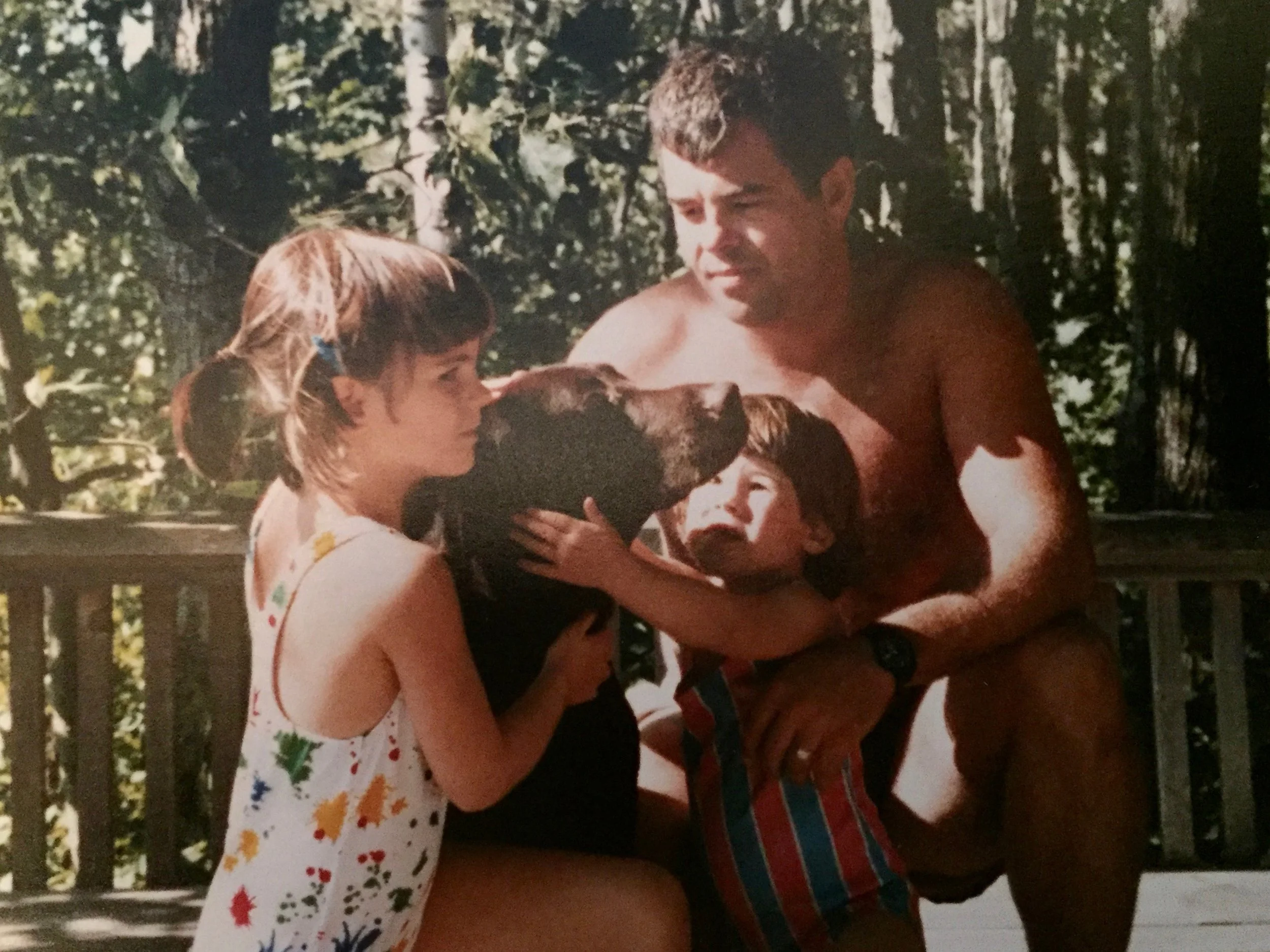 Casey, Elissa, Dad, and I, summer 1987. Fun fact: Elissa went on to wear the bathing suit in this photo for the entire winter... throwing tantrums if Mom tried to take it off for any reason, lol. 