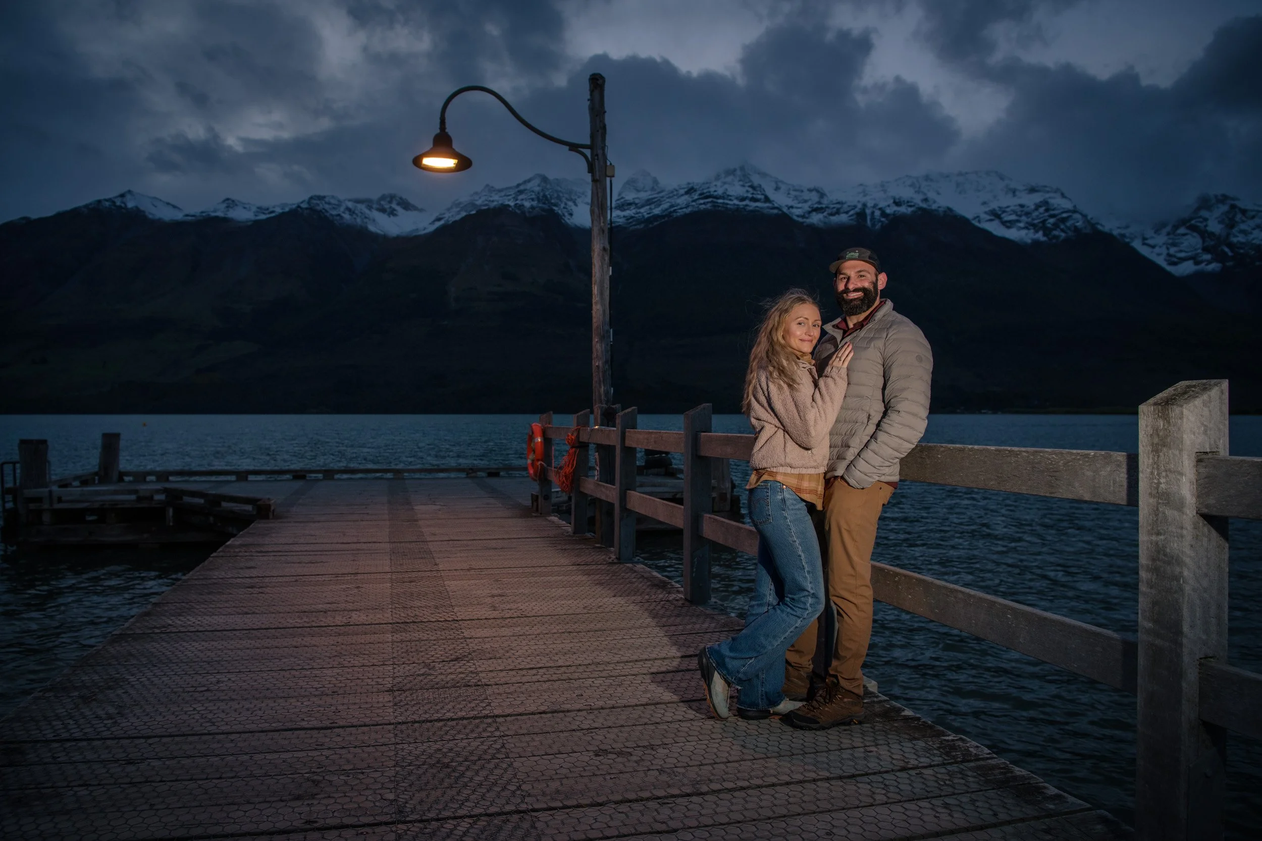 Twilight portraits on Glenorchy Wharf with calm lake waters