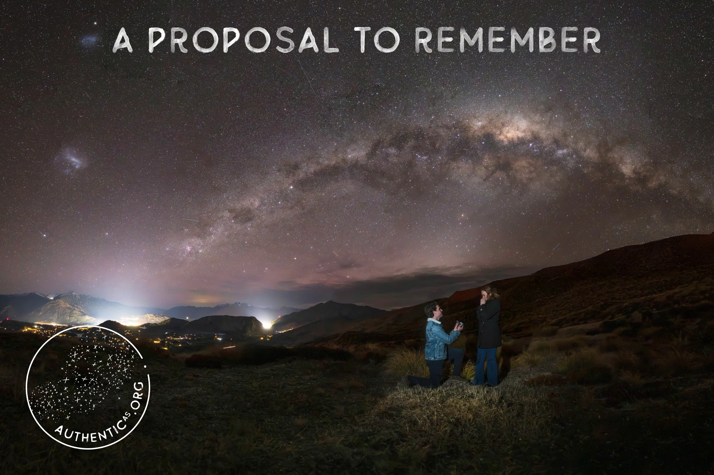 Couple celebrating a proposal under the stars above Queenstown with guidance and photography from AuthenticAs