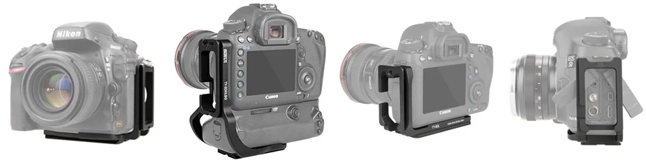 Sirui L-brackets fitted to a variety of cameras.