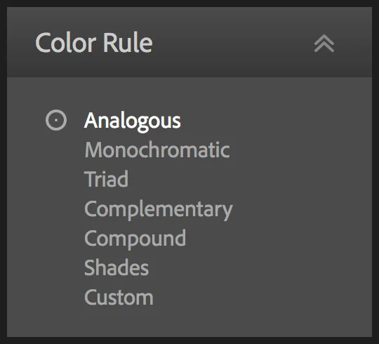 The list of colour rules available in Adobe Color.