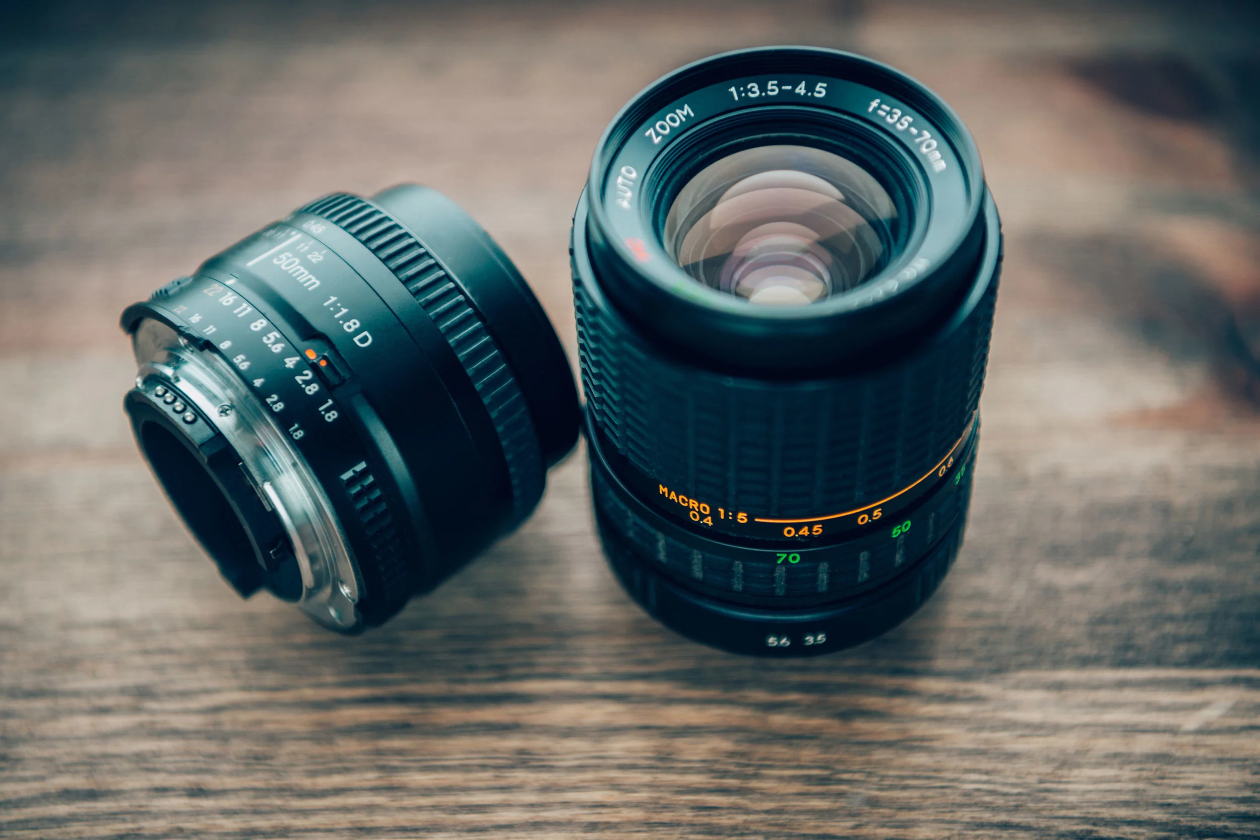50 mm prime (left) and 35-70 mm zoom on lens (right).