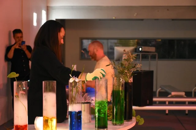Kelp D/J (Dylan Martorell, Lichen Kelp and Jason Hood) creating soundtrack and effects for performance with Benjamin Hancock at Testing Grounds, November 2017