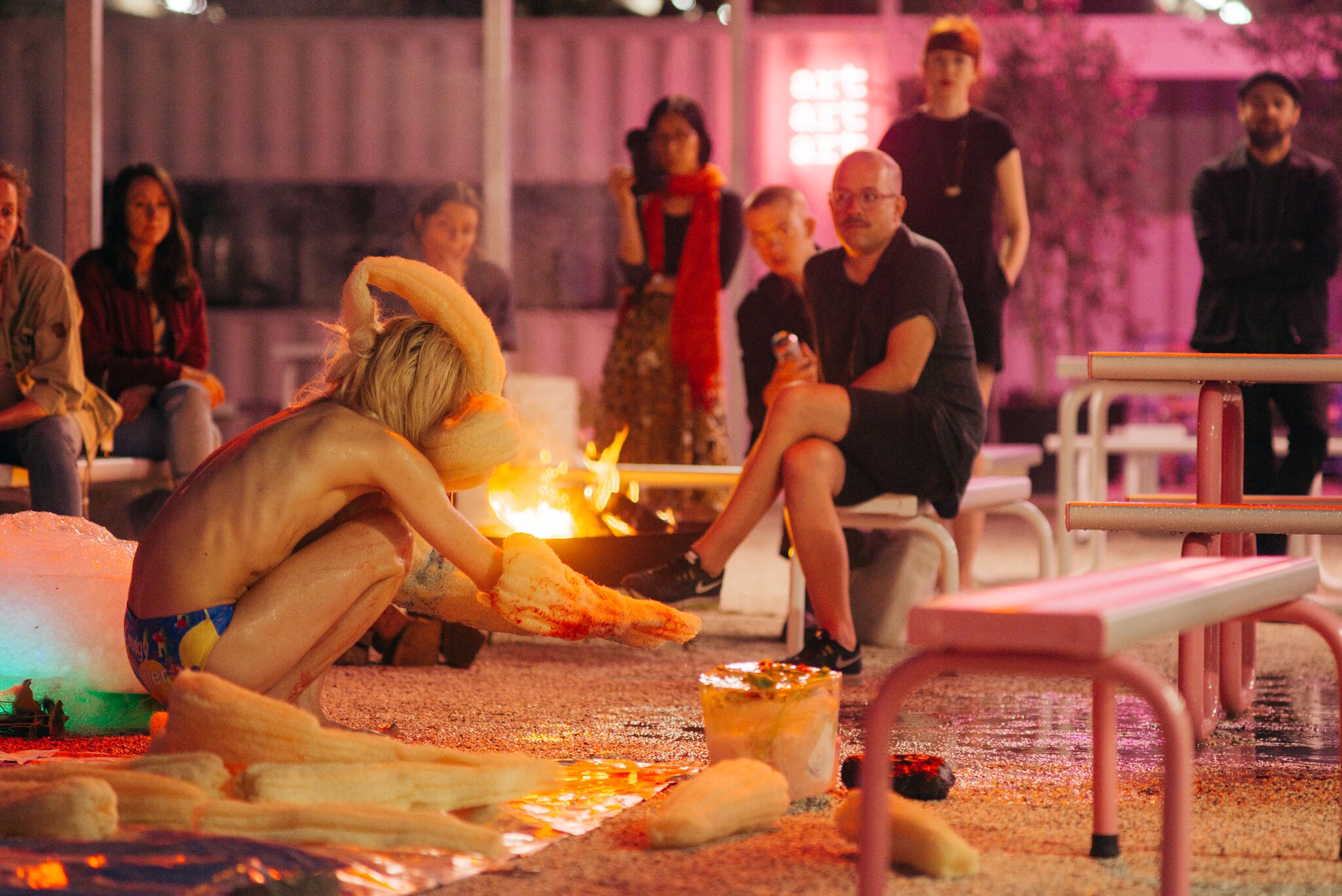 Benjamin Hancock interacting with audience and live staging effects by Lichen Kelp at Testing Grounds, November 2017